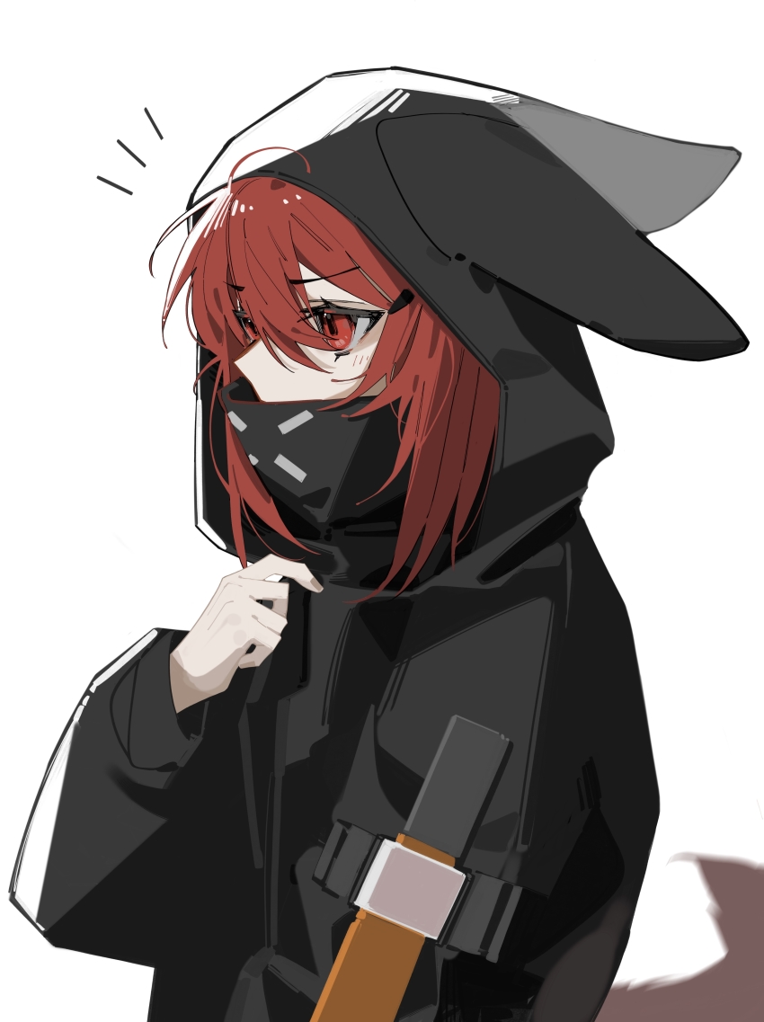 1girl, absurdres, ahoge, animal_hood, arknights, black_jacket, covered_mouth, crownslayer_(arknights)