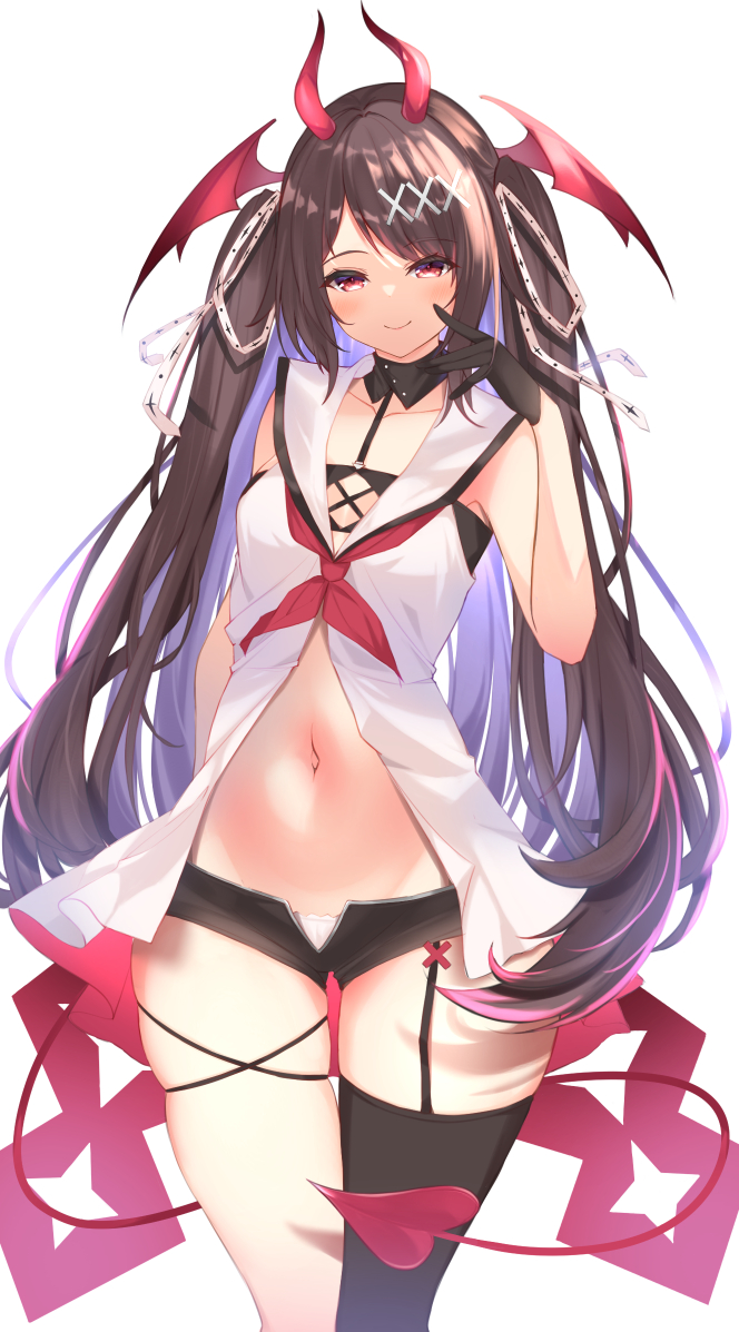 1girl, bare_arms, bare_shoulders, black_gloves, black_shorts, black_thighhighs, breasts, brown_hair