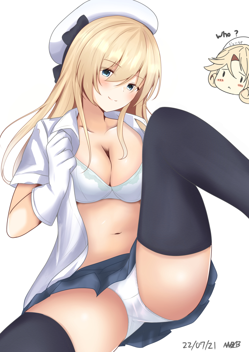 2girls, abataa, absurdres, black_skirt, black_thighhighs, blonde_hair, blue_eyes, blush