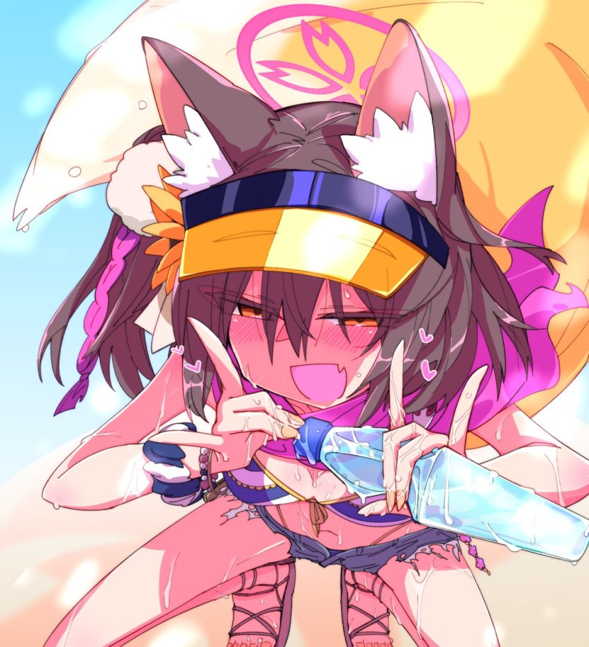 1girl, :d, animal_ears, ashi_karekusa, beach, bikini, blue_archive, bottle