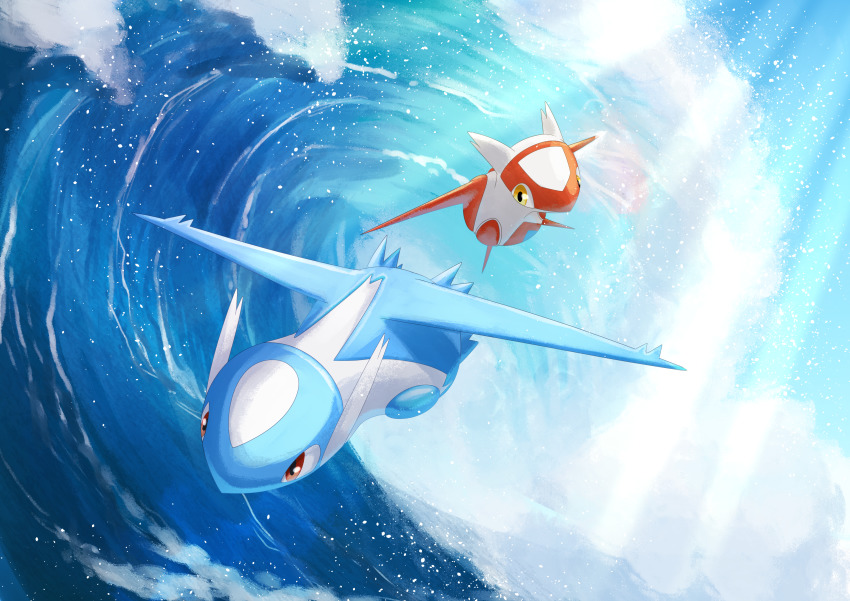 absurdres, commentary_request, day, flying, gen_3_pokemon, hatoro_kuroyoshi, highres, latias, latios, legendary_pokemon, light_rays, nintendo, no_humans, ocean, outdoors, pokemon, pokemon_(creature), sky, water, waves, yellow_eyes