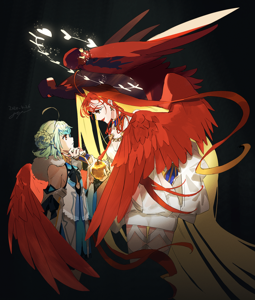 1boy, 1girl, aphrodite_(fate), apple, blonde_hair, fate/grand_order, fate_(series), food