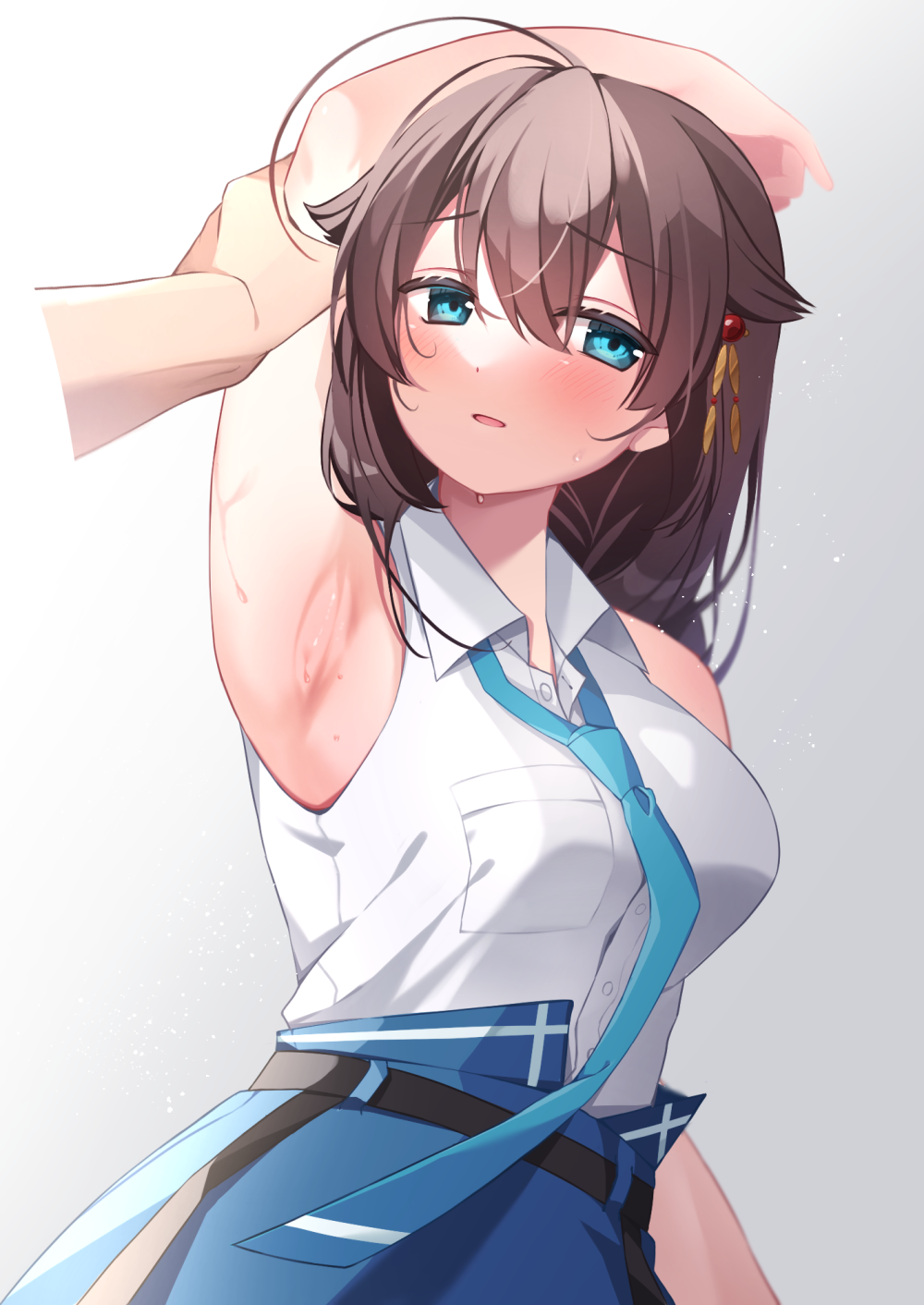 1girl, ahoge, arm_up, armpits, blue_eyes, blue_necktie, blue_skirt, braid