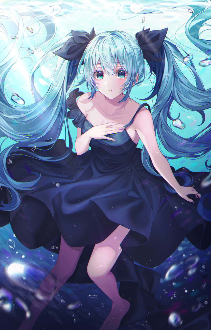 1girl, absurdres, aqua_eyes, aqua_hair, black_bow, black_dress, blue_theme, blush