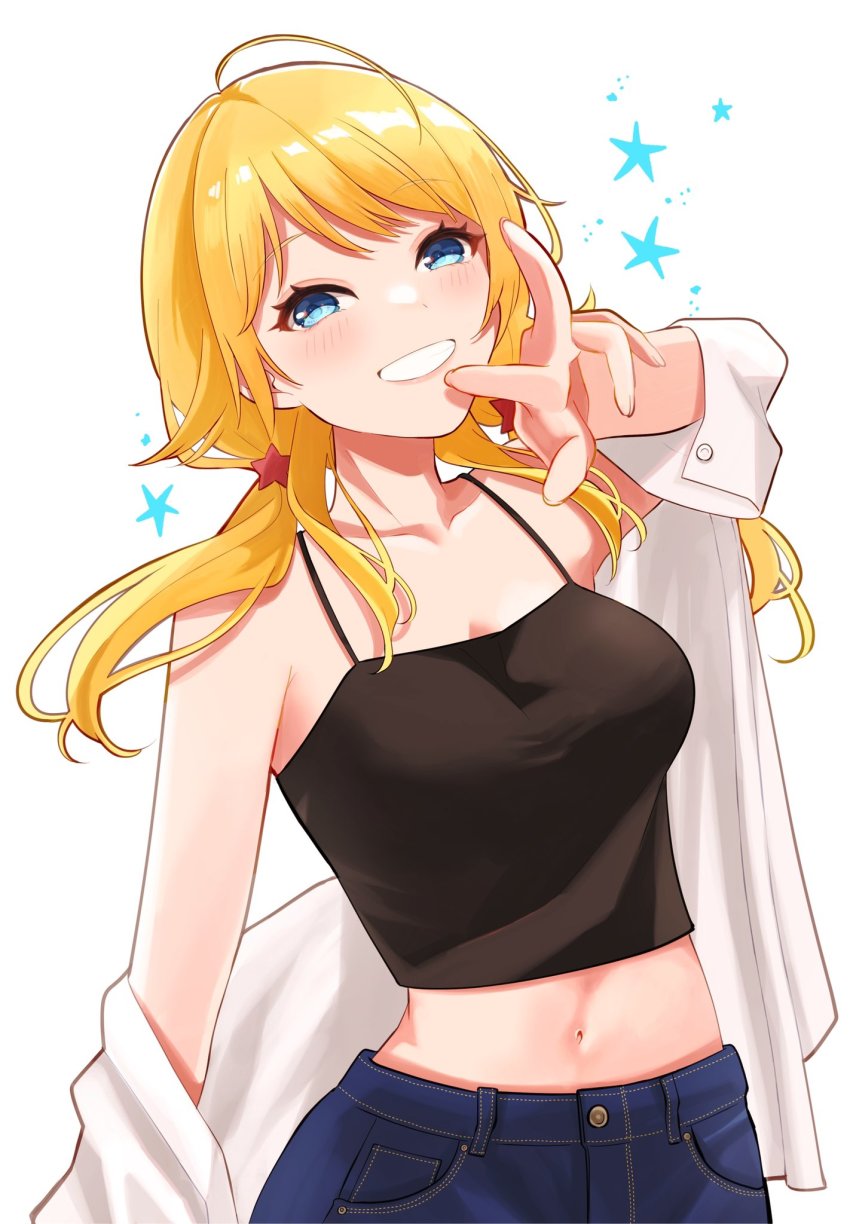 19_okeke, 1girl, ahoge, aqua_eyes, black_tank_top, blonde_hair, blush, breasts