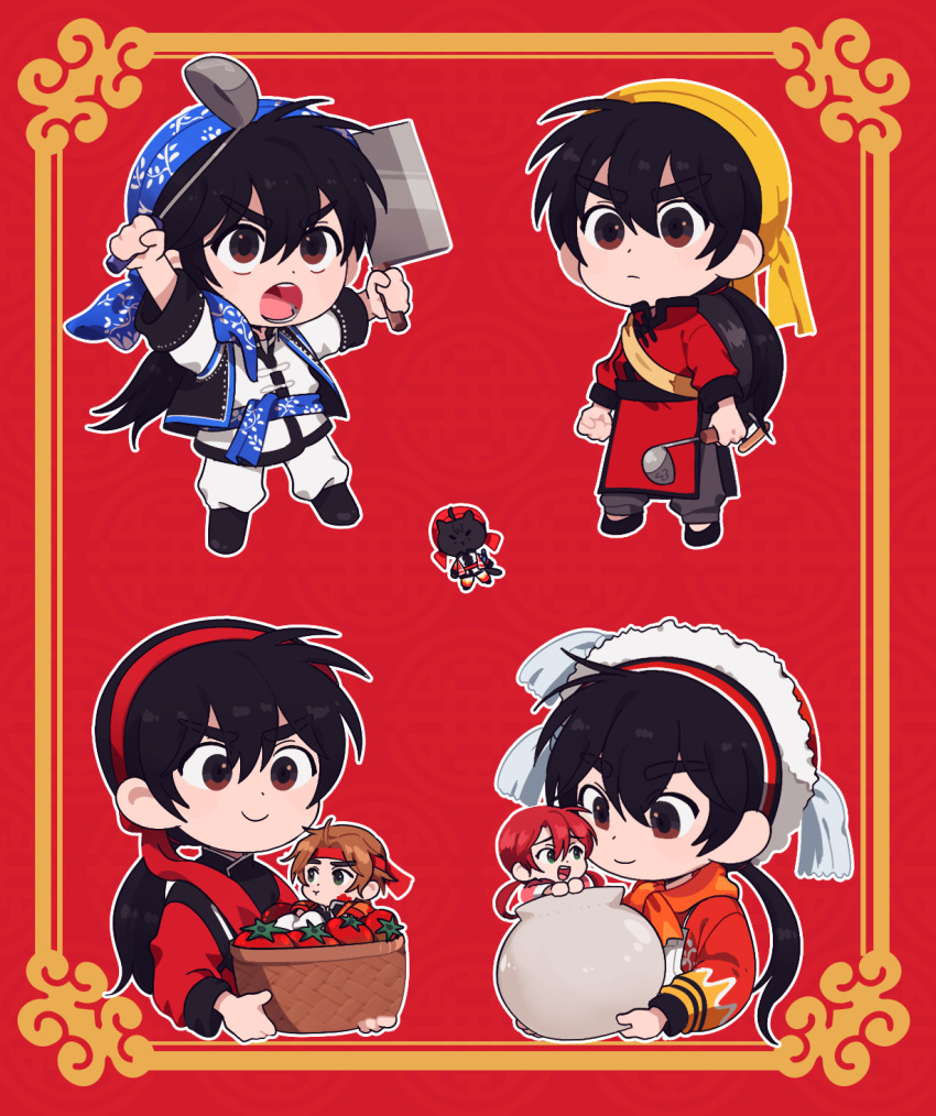 1d1ot, 1girl, 2boys, :o, :t, animal, arms_at_sides, arms_up, bandana, basket, black_footwear, blue_headwear, boots, border, brown_eyes, brown_hair, cat, changpao, chef_hat, chibi, chinese_clothes, chou_mei_li, chuuka_ichiban!, closed_mouth, clothed_animal, cropped_torso, eating, eye_contact, food, grey_pants, hair_between_eyes, hat, headband, highres, holding, holding_basket, holding_knife, holding_spatula, in_basket, in_container, in_food, jar, kitchen_knife, knife, liu_mao_xing, long_sleeves, looking_at_another, low_ponytail, mini_person, miniboy, minigirl, multiple_boys, multiple_views, open_mouth, orange_scarf, outline, outstretched_arms, pants, ponytail, print_headwear, red_background, red_robe, robe, sash, scarf, shirt, shoes, smile, spatula, tang_san_jie, tangzhuang, toggles, tomato, towel, towel_on_head, white_headwear, white_outline, white_pants, white_shirt, wok, yellow_headwear