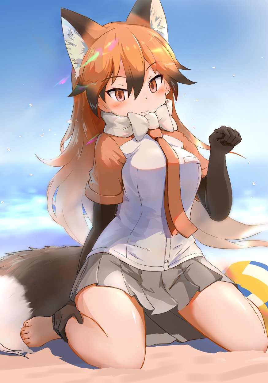 1girl, animal_ears, bare_legs, barefoot, beach, black_gloves, bow, bowtie, brown_hair, commentary_request, elbow_gloves, extra_ears, fox_ears, fox_girl, fox_tail, gloves, grey_skirt, hair_between_eyes, highres, kemono_friends, koutsuu_(koutuukanseikan), long_hair, looking_at_viewer, multicolored_hair, necktie, ocean, orange_eyes, orange_hair, orange_necktie, orange_shirt, paw_pose, pleated_skirt, red_fox_(kemono_friends), sand, shirt, short_sleeves, sitting, skirt, solo, t-shirt, tail, wariza, white_bow, white_bowtie, white_shirt
