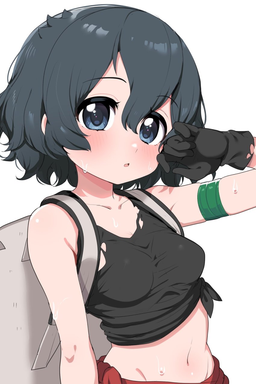 1girl, adapted_costume, backpack, bag, bare_shoulders, black_gloves, black_hair, black_shirt, blue_eyes, blush, clothes_around_waist, gloves, grey_bag, highres, kaban_(kemono_friends), kemono_friends, midriff, navel, missing_headwear, no_headwear, ransusan, shirt, shirt_around_waist, short_hair, sleeveless, solo, survival_friends, tank_top, upper_body