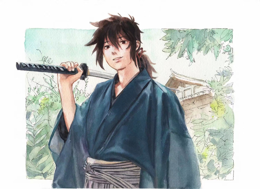 1boy, black_hair, blue_kimono, carrying_over_shoulder, character_request, check_copyright, copyright_request, day