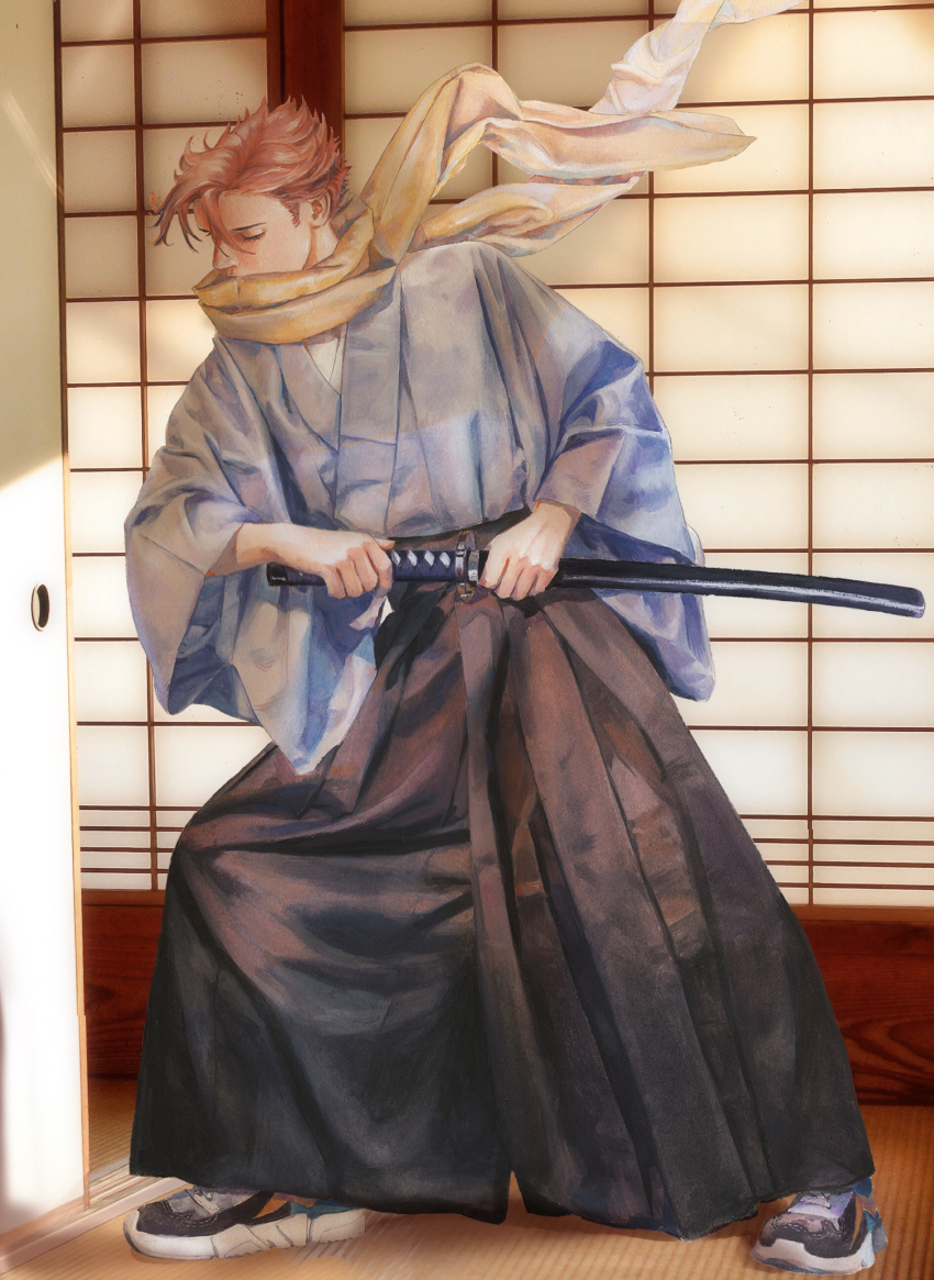 1boy, absurdres, black_hakama, blue_kimono, closed_mouth, covered_mouth, eyelashes, fighting_stance