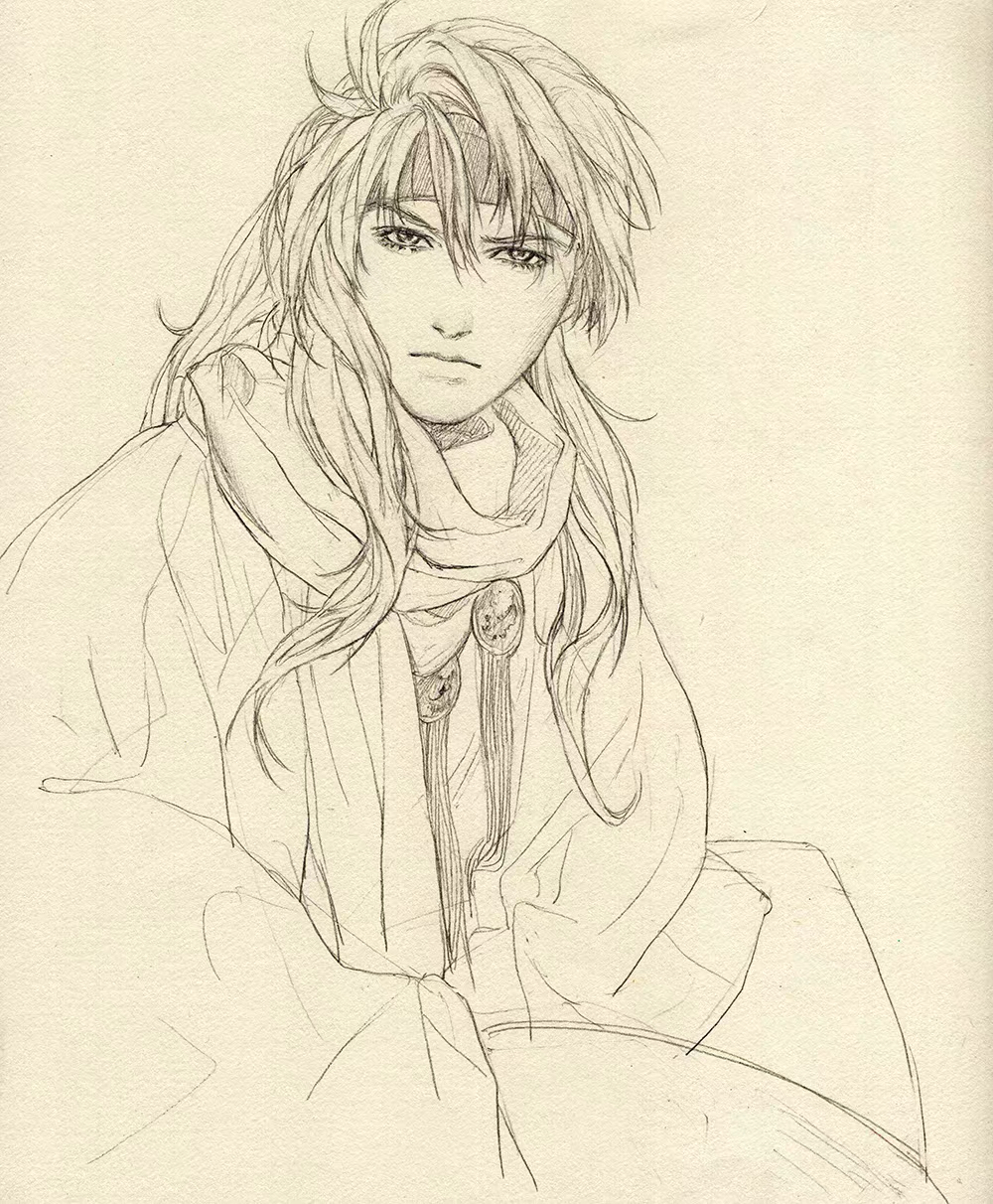 1boy, chuuka_ichiban!, closed_mouth, headband, highres, jewelry, lan_fei_hong, long_hair, long_sleeves, looking_at_viewer, male_focus, monochrome, natsuhiro, pendant, robe, scarf, sidelocks, simple_background, sketch, solo, upper_body