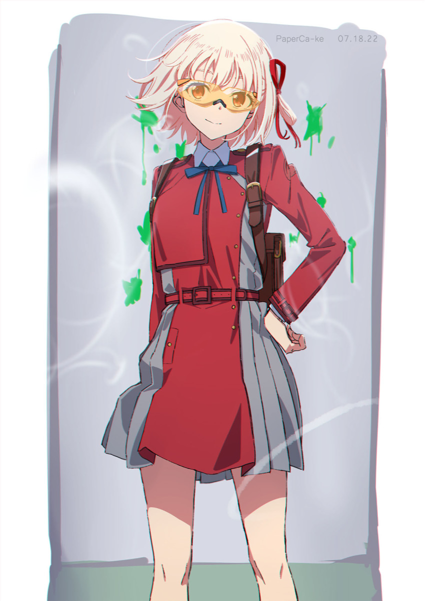 belt, blonde_hair, blue_ribbon, bob_cut, collared_shirt, dress, glasses, grey_dress