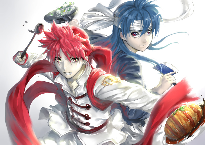 2boys, absurdres, bandana, blue_hair, blue_shirt, chuuka_ichiban!, cosplay, costume_switch, crossover, flipping_food, floating_clothes, floating_hair, food, frying_pan, hair_between_eyes, hair_down, hair_over_eyes, headband, highres, holding, holding_frying_pan, holding_knife, holding_plate, holding_spatula, kitchen_knife, knife, liu_mao_xing, liu_mao_xing_(cosplay), looking_at_viewer, male_focus, mewpor123, multiple_boys, outstretched_arms, pants, plate, purple_eyes, red_headwear, red_vest, sash, sauce, shirt, shokugeki_no_souma, simple_background, smile, sparkle, spatula, spread_arms, toggles, trait_connection, upper_body, vest, white_background, white_pants, white_shirt, yellow_eyes, yukihira_souma, yukihira_souma_(cosplay)