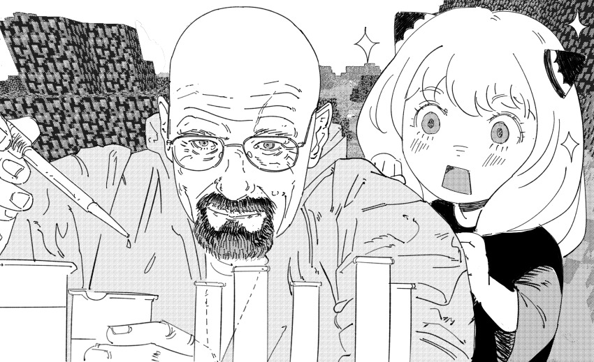 anya_(spy_x_family), bald, beaker, beard, behind_another, breaking_bad, child, closed_mouth, cone_hair_bun, dress, facial_hair, forest, glasses, goatee, greyscale, hair_bun, highres, holding_pipette, looking_at_another, medium_hair, minecraft, monochrome, mustache, nature, open_mouth, pipette, smoking_pipe, smoking_pipe_in_mouth, sparkle, spy_x_family, test_tube, upper_body, walter_white, wrinkled_skin, xyanaid