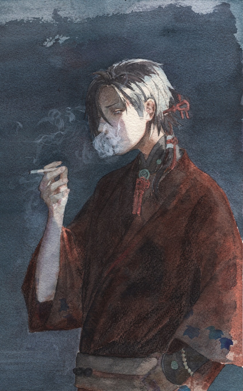 1boy, absurdres, arm_guards, black_hair, blowing_smoke, blue_background, braid, cigarette