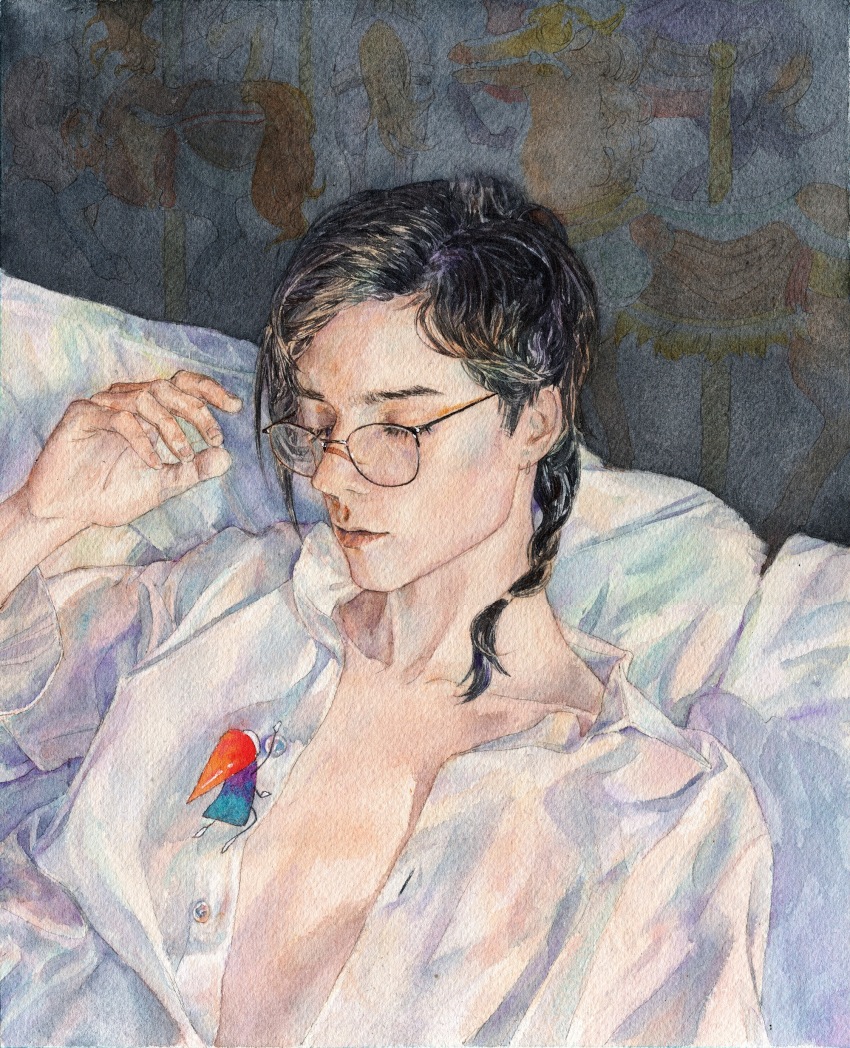 1boy, 1other, absurdres, black_hair, blue_robe, braid, braided_ponytail, character_request, closed_mouth, collarbone, collared_shirt, dramatical_murder, dress_shirt, eyelashes, glasses, hand_up, hat, highres, koujaku, leaning_back, lips, long_sleeves, natsuhiro, pillow, realistic, red_headwear, robe, scar, scar_on_face, scar_on_nose, shirt, single_braid, size_difference, solo_focus, traditional_media, unbuttoned, upper_body, white_shirt