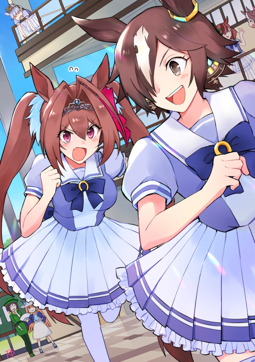 6+girls, :d, absurdres, akikawa_yayoi_(umamusume), blue_jacket, blue_shirt, blue_sky, bow