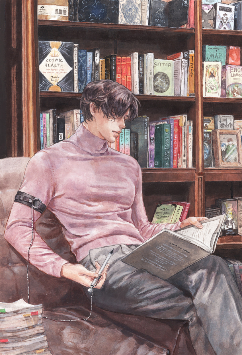 1boy, arm_belt, black_hair, book, book_stack, bookshelf, chain, character_request