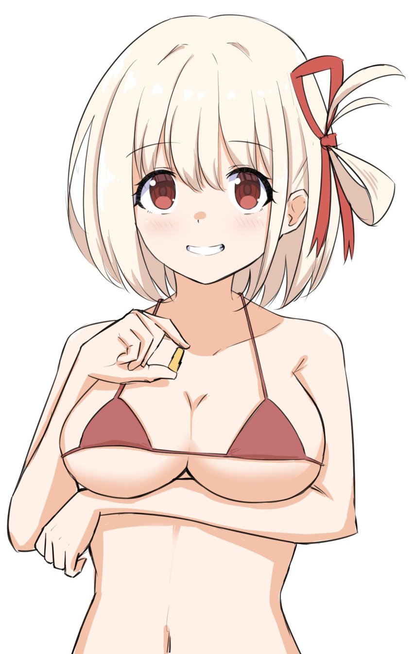 1girl, bikini, blonde_hair, breasts, bullet, cleavage, grin, hair_ribbon, highres, looking_at_viewer, lycoris_recoil, nishikigi_chisato, red_bikini, red_eyes, ribbon, short_hair, simple_background, smile, solo, swimsuit, upper_body, white_background, yukia2