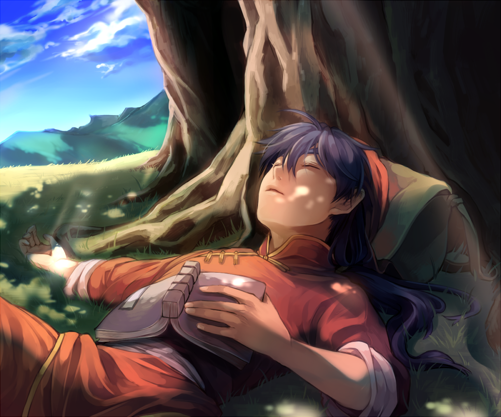1boy, bandana, book, chinese_clothes, chuuka_ichiban!, closed_eyes, cloud, dappled_sunlight