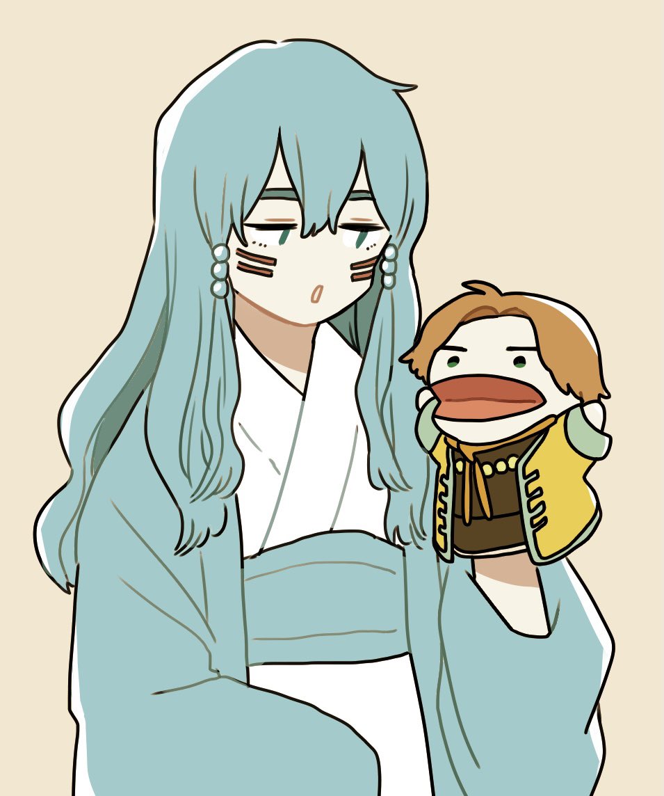 1girl, beads, blue_eyes, blue_hair, blue_jacket, brown_background, character_doll, character_request, chuuka_ichiban!, doll, emily_(pixiv12171322), facial_mark, hair_beads, hair_ornament, hand_puppet, hand_up, haori, jacket, japanese_clothes, kimono, long_sleeves, looking_at_hand, obi, playing, puppet, sash, sidelocks, simple_background, solo, tang_san_jie, white_kimono