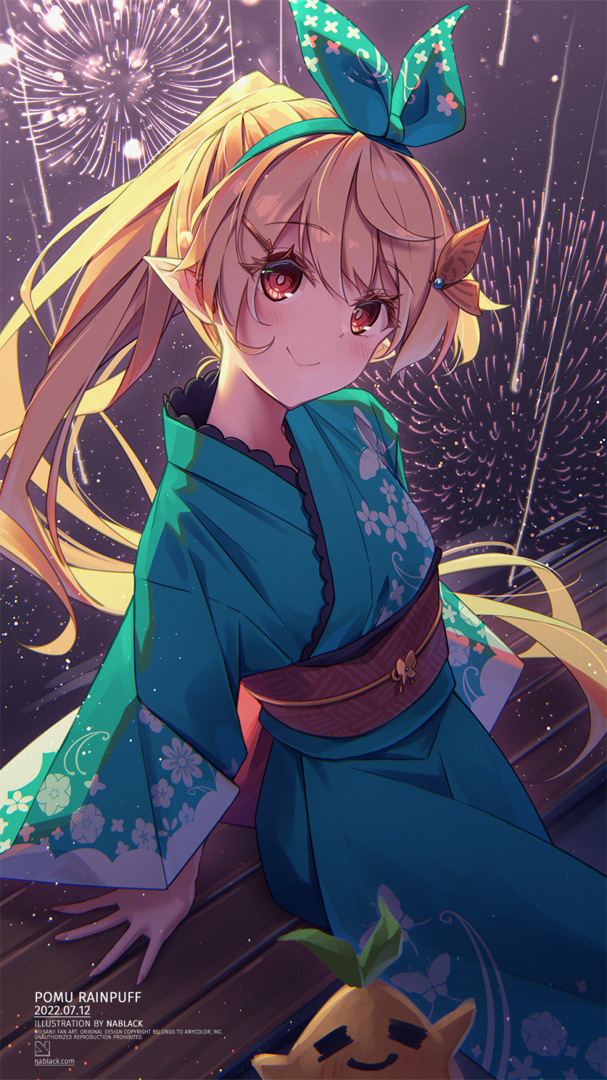 1girl, alternate_costume, artist_name, blonde_hair, blue_kimono, breasts, brown_eyes, commentary