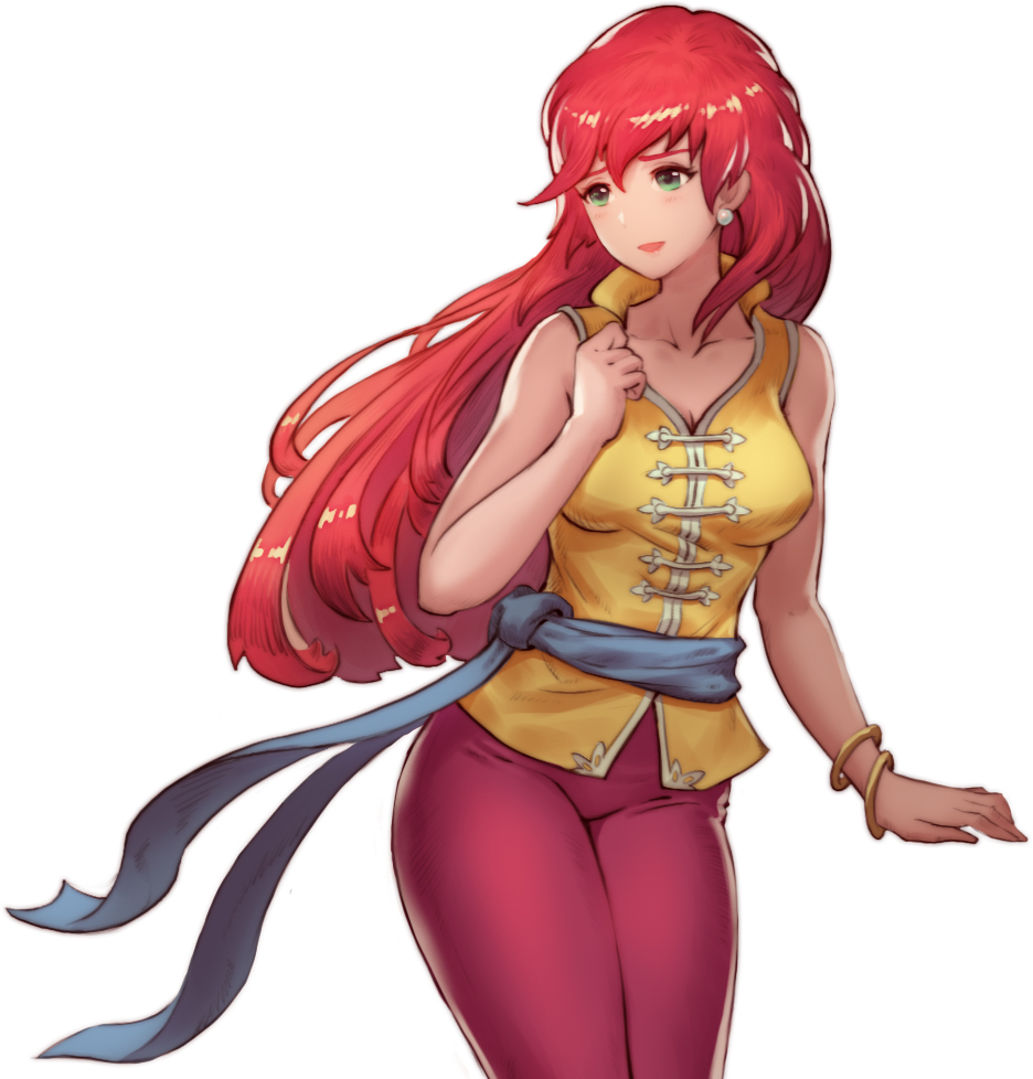 1girl, bare_shoulders, blush, bracelet, breasts, chinese_clothes, chou_mei_li, chuuka_ichiban!, cleavage, cowboy_shot, earrings, floating_clothes, floating_hair, green_eyes, hand_up, jewelry, joker.z, long_hair, looking_away, looking_to_the_side, pants, pink_pants, red_hair, sash, simple_background, smile, solo, tight_clothes, tight_pants, toggles, white_background