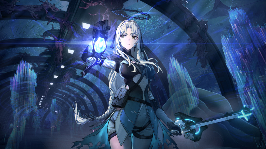 1girl, absurdres, aquarium, aquarium_tunnel, belt_pouch, bianca:_stigmata_(exorcist)_(pgr), bianca_(pgr), black_gloves, black_jacket, blonde_hair, braid, braided_ponytail, breasts, closed_mouth, cowboy_shot, cross, cross_earrings, crown, crown_of_thorns, earrings, facial_tattoo, fish, floating_crown, gloves, grey_shorts, hair_intakes, hairband, hand_up, highres, holding, holding_lantern, holding_weapon, jacket, jewelry, lantern, light, long_hair, long_sleeves, looking_to_the_side, manta_ray, official_art, parted_bangs, pouch, punishing:_gray_raven, shorts, sidelocks, single_braid, tattoo, thorns, throne, very_long_hair, weapon, wu_lun_wujin, yellow_eyes