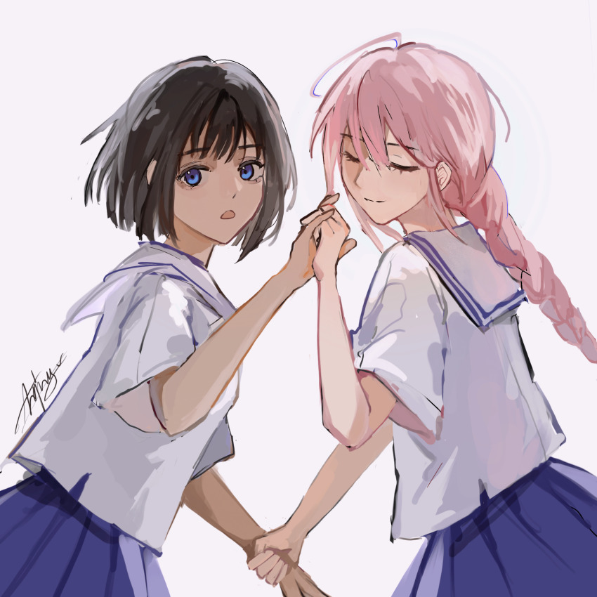 2girls, alternate_hair_color, blue_eyes, blue_skirt, braid, brown_hair, chinese_commentary, closed_mouth