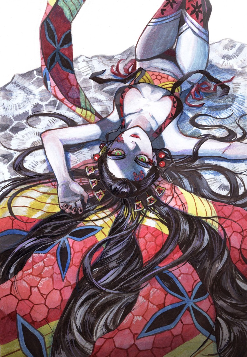 1girl, absurdres, arm_up, black_hair, black_nails, black_panties, breasts, breasts_apart, closed_mouth, collarbone, daki_(kimetsu_no_yaiba), egyuuu, eyelashes, eyeliner, facial_mark, green_eyes, hair_ornament, hair_pulled_back, hair_spread_out, halterneck, highres, japanese_clothes, kimetsu_no_yaiba, kimono, knees_up, long_hair, looking_at_viewer, lying, makeup, mosaic_pattern, multicolored_eyes, nail_polish, navel, no_pants, on_back, outstretched_arm, pale_skin, panties, plunging_neckline, print_thighhighs, red_eyes, red_lips, red_thighhighs, ringed_eyes, sash, shade, smile, solo, thigh_gap, thighhighs, traditional_media, underwear, very_long_hair, white_background