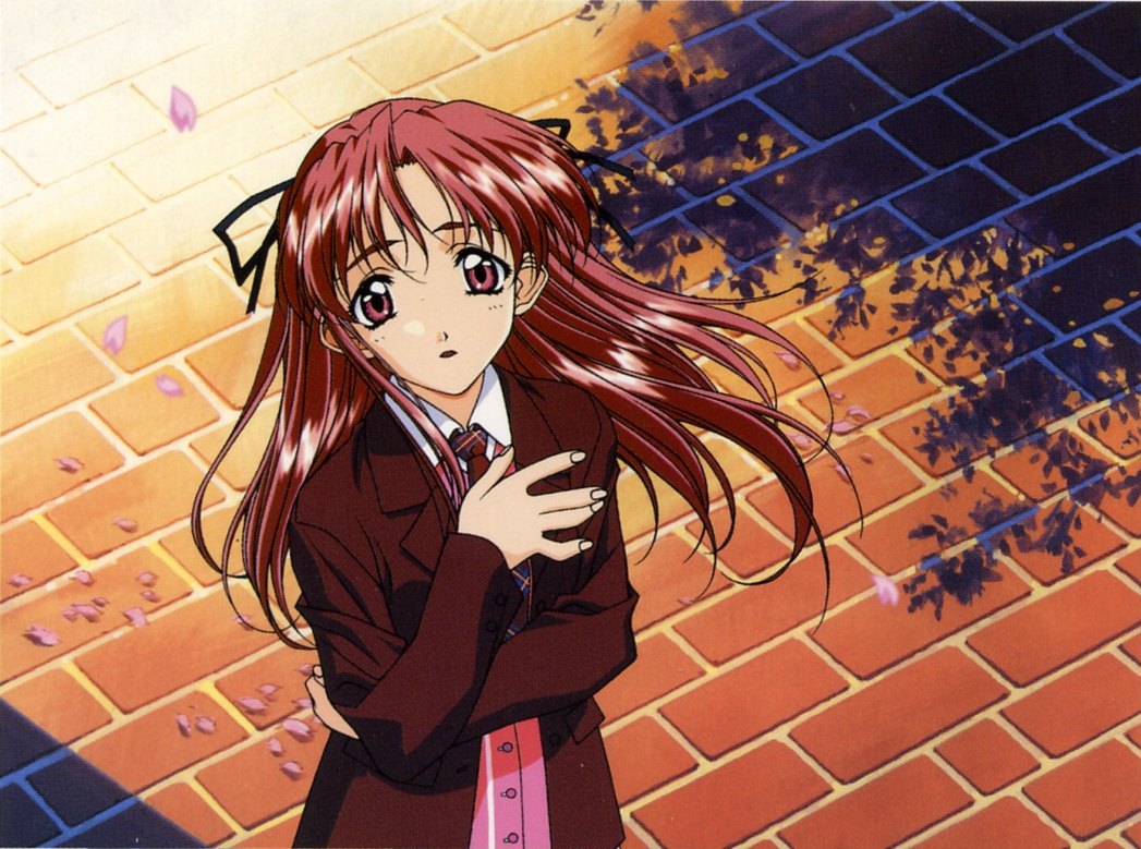 1990s_(style), 1girl, cherry_blossoms, female_focus, half_updo, petals, pink_petals, retro_artstyle