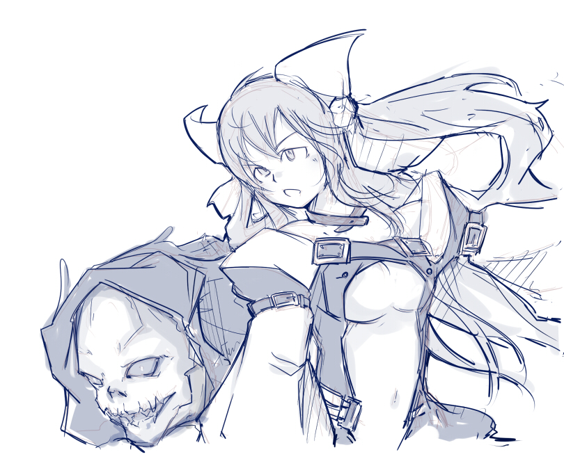 1girl, arc_system_works, bad_id, bad_pixiv_id, bare_shoulders, belt, choker, detached_sleeves, dizzy_(guilty_gear), guilty_gear, long_hair, monochrome, navel, necro_(guilty_gear), ribbon, shrike, shrike_(dokumawari), sketch