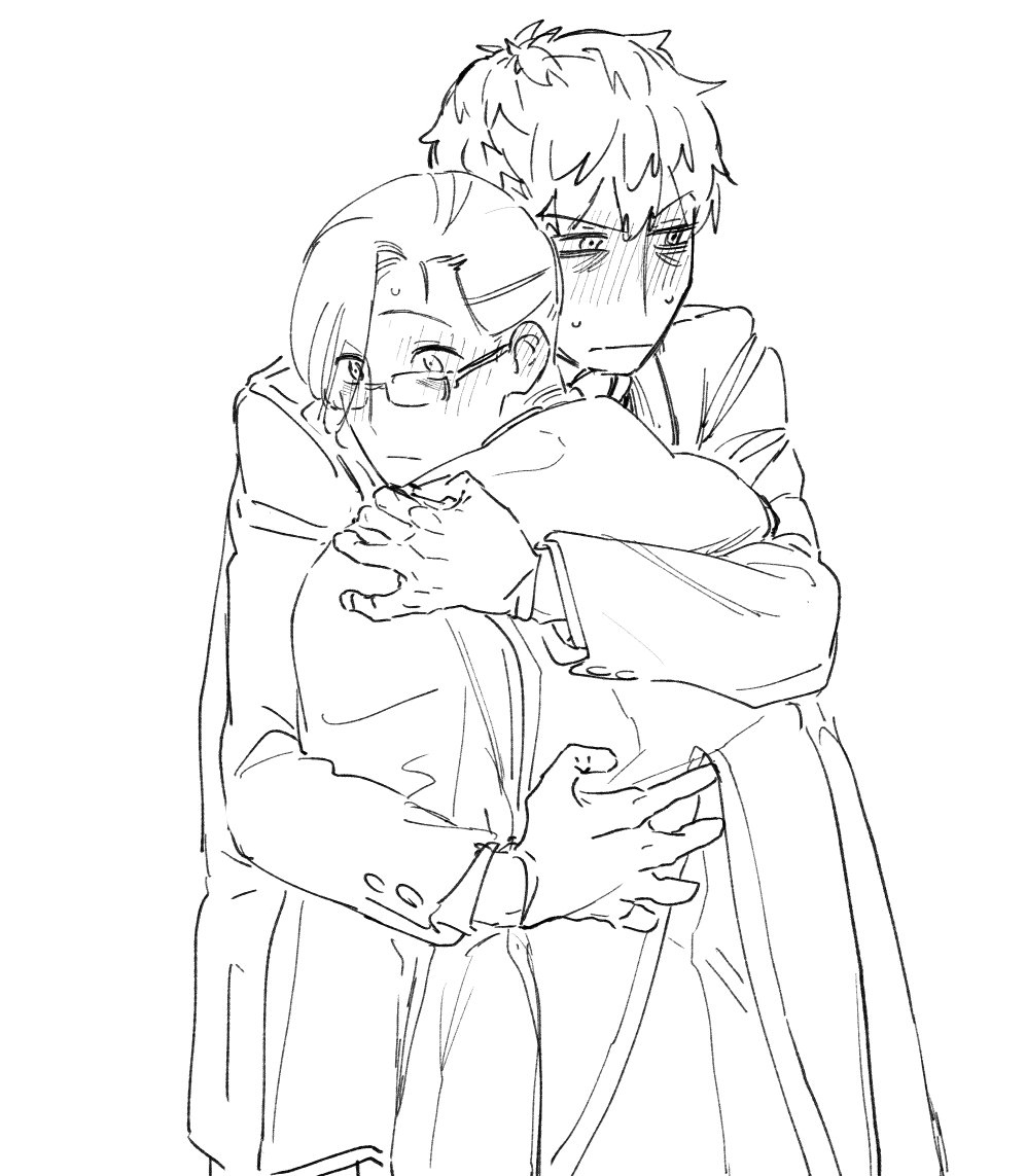 2boys, blush, closed_mouth, embarrassed, eyes_visible_through_hair, fate/grand_order, fate_(series), glasses