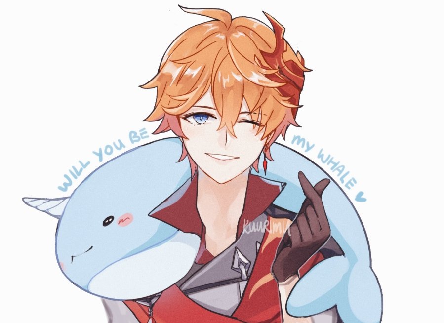 1boy, ahoge, black_gloves, blue_eyes, commentary, english_commentary, finger_heart, genshin_impact