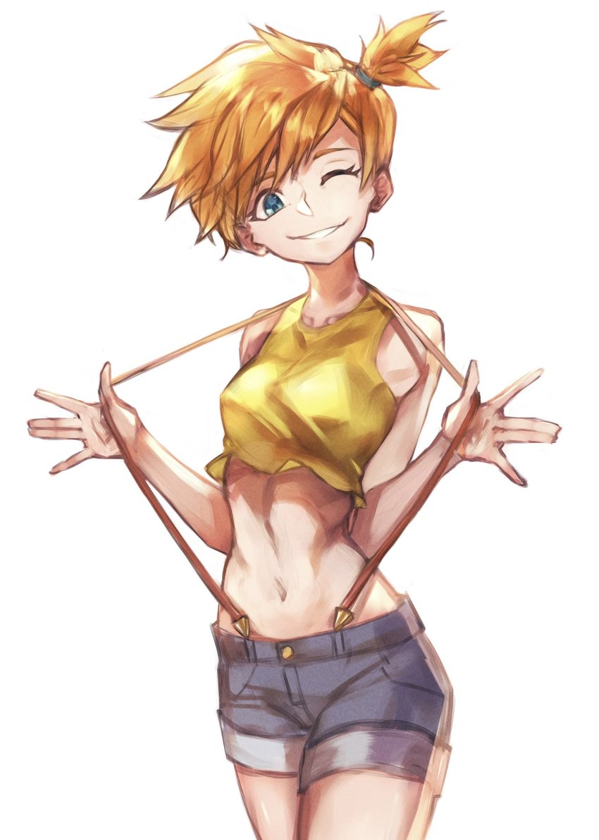 1girl, abs, artist_name, asymmetrical_hair, blue_eyes, blush, breasts, denim