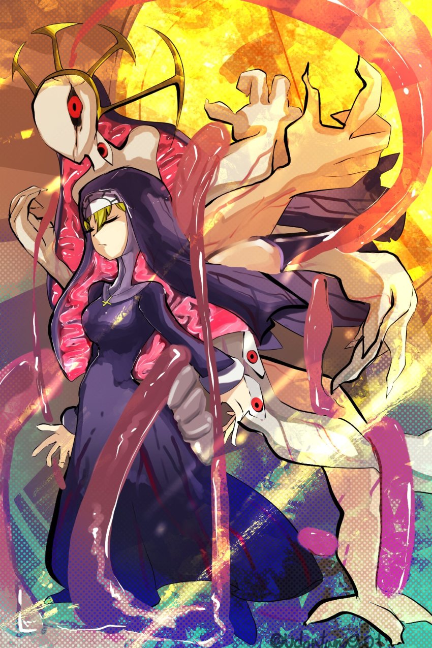 1girl, blonde_hair, crown, double_(skullgirls), dual_persona, extra_arms, extra_eyes, extra_mouth