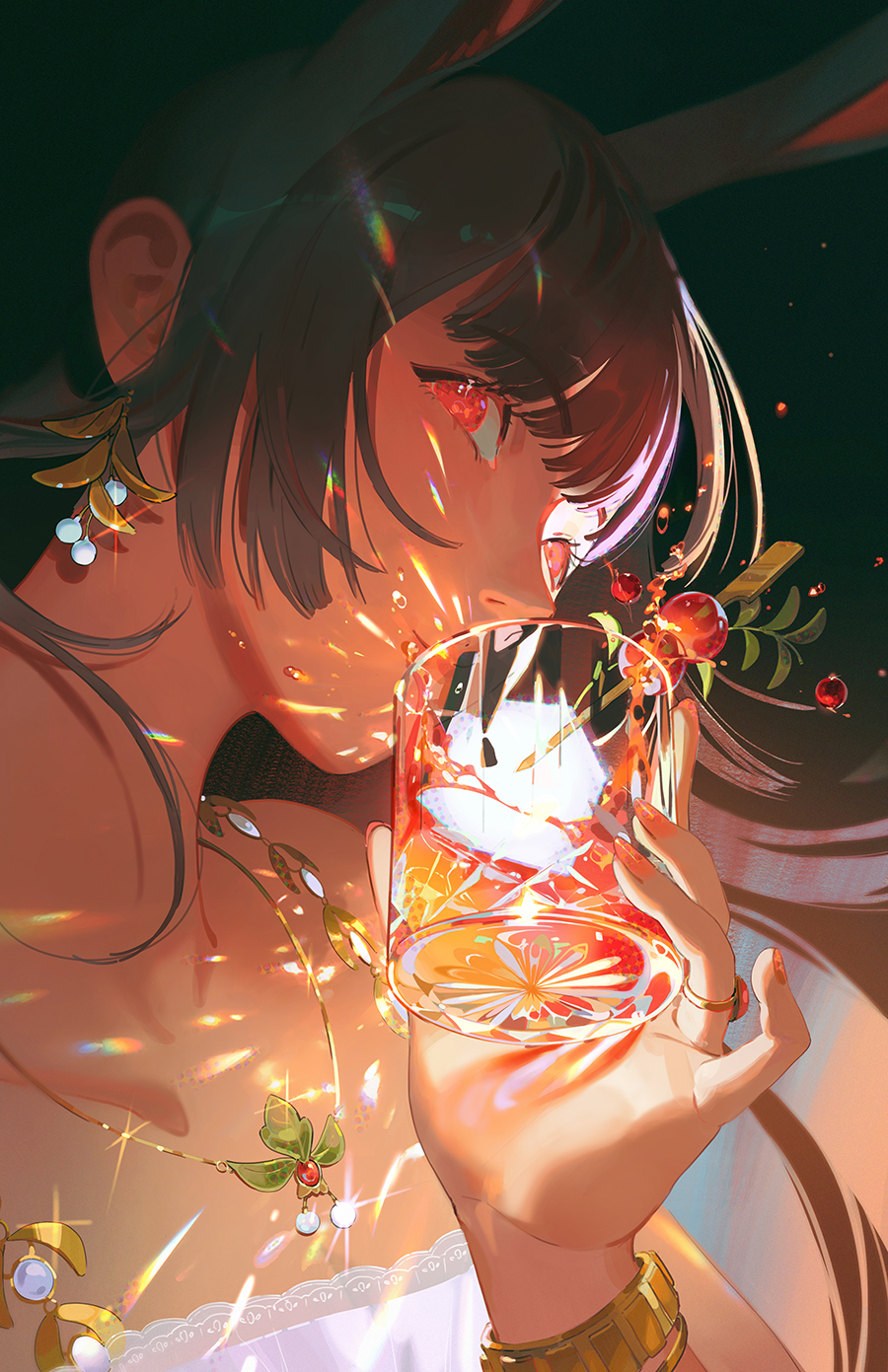 1girl, animal_ears, bangle, bare_shoulders, black_background, black_hair, blunt_bangs, bracelet, cherry, cocktail_pick, commentary, cup, drinking_glass, earrings, english_commentary, fingernails, food, from_side, fruit, glint, highres, holding, holding_cup, jewelry, long_hair, nail_polish, necklace, original, pixiescout, rabbit_ears, red_eyes, refraction, ring, sidelocks, solo, sparkle, upper_body