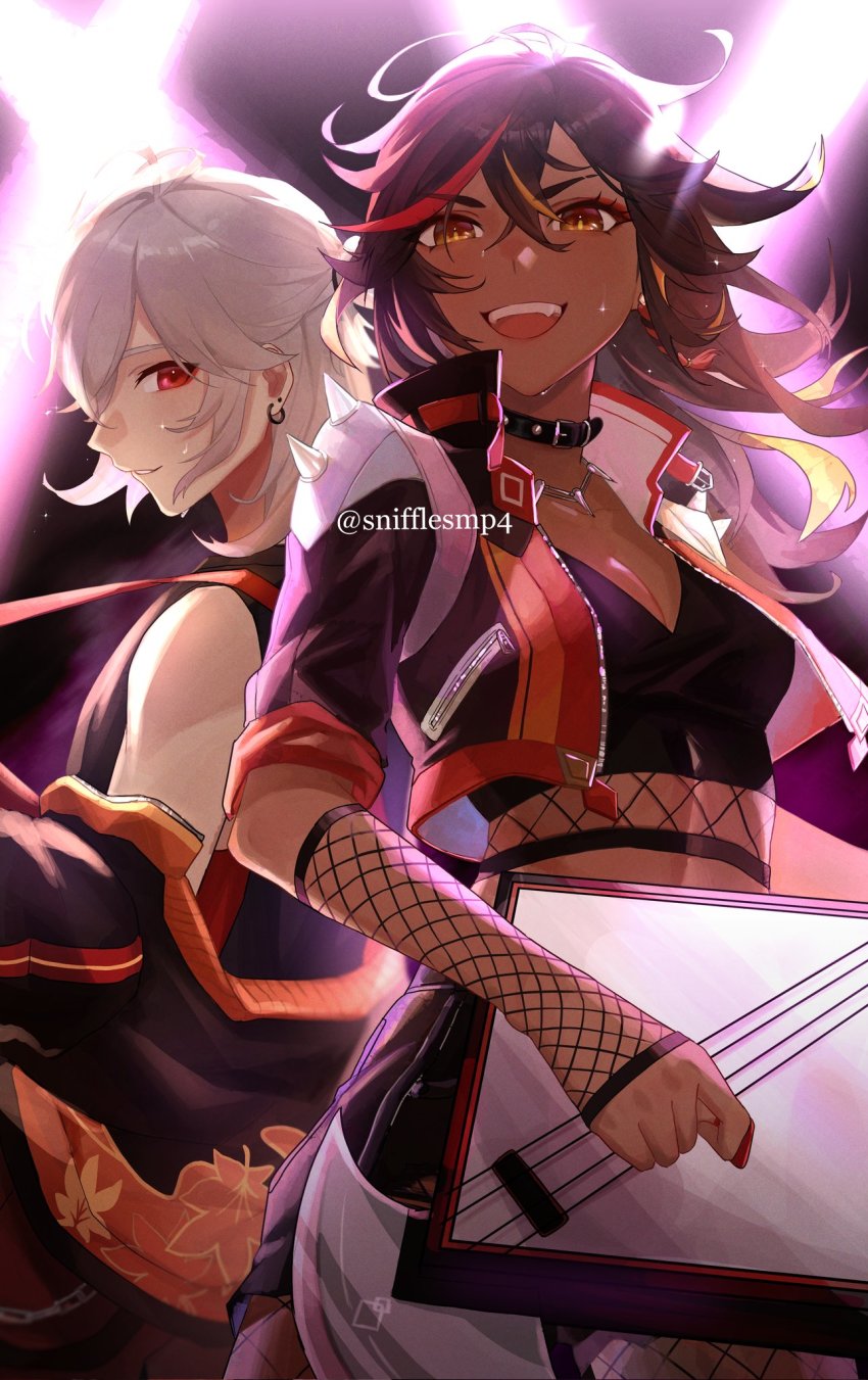 1boy, 1girl, black_hair, breasts, choker, cleavage, concert, crop_top