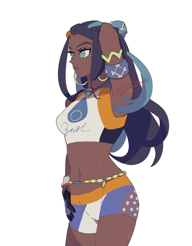 1girl, aqua_eyes, aqua_hair, arm_behind_head, armlet, belly_chain, bike_shorts, black_hair