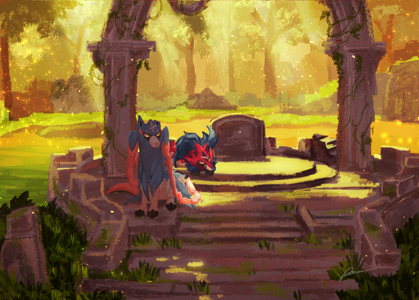 animal_focus, arch, commentary_request, day, gen_8_pokemon, grass, legendary_pokemon, light_rays