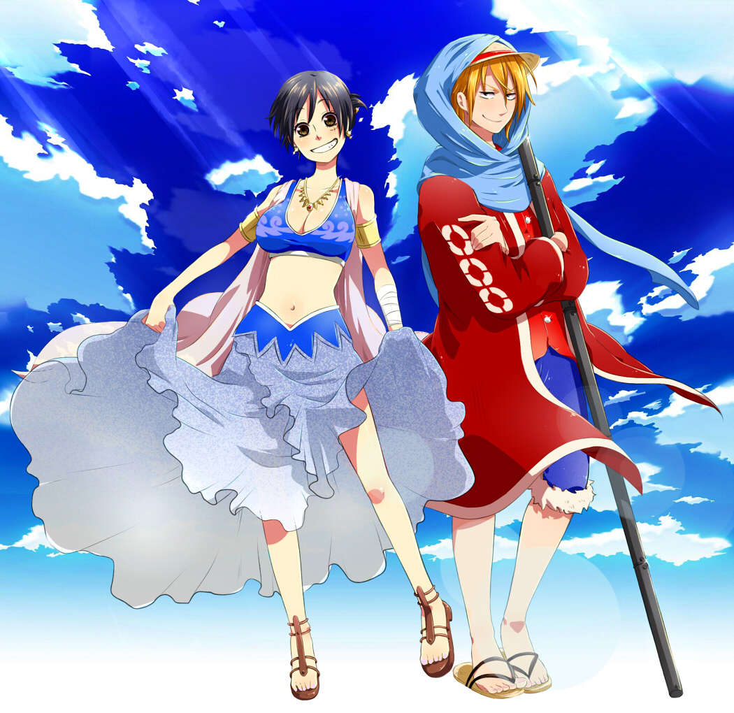 1boy, 1girl, alabasta, bad_id, bad_pixiv_id, black_hair, blue_sky, breasts, cleavage, cloud, cosplay, costume_switch, day, earrings, genderswap, genderswap_(ftm), genderswap_(mtf), grin, hat, jewelry, kurok0, kuruk0, large_breasts, luffyko, midriff, monkey_d._luffy, monkey_d._luffy_(cosplay), nami_(one_piece), nami_(one_piece)_(alabasta), nami_(one_piece)_(cosplay), namizou, navel, one_piece, orange_hair, sandals, scar, short_hair, shorts, sky, smile, staff, straw_hat, tank_top