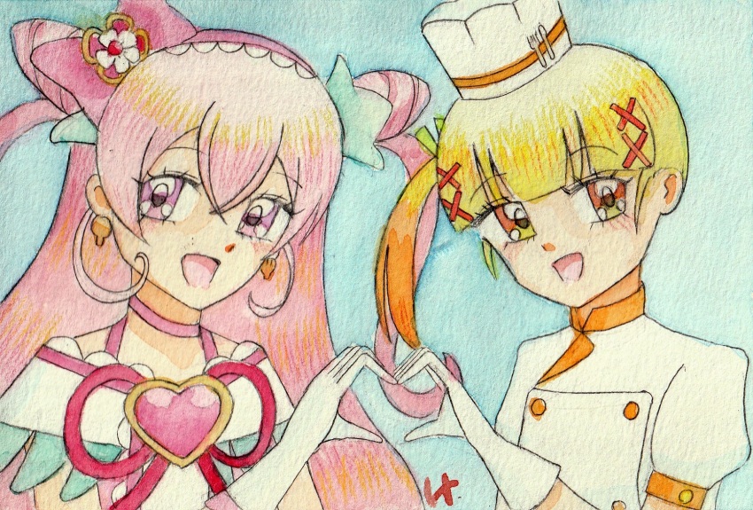 2girls, blonde_hair, cookpad-tan, cure_precious, delicious_party_precure, highres, multiple_girls, naisen
