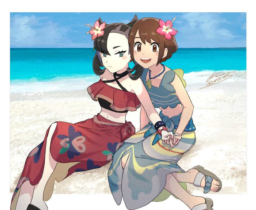2girls, :d, beach, black_choker, blue_shirt, border, bracelet, choker, closed_mouth, collarbone, commentary_request, day, eyelashes, feet, flower, gloria_(pokemon), gloria_(summer_2021)_(pokemon), green_eyes, green_ribbon, hair_flower, hair_ornament, holding_hands, jewelry, looking_at_viewer, marnie_(pokemon), marnie_(summer_2021)_(pokemon), multiple_girls, navel, necklace, nintendo, official_alternate_costume, open_mouth, outdoors, pink_flower, pokemon, pokemon_masters_ex, ribbon, sagemaru-br, sand, sandals, sarong, shirt, shore, signature, sitting, sleeveless, sleeveless_shirt, smile, teeth, toes, tongue, upper_teeth_only, water, white_border