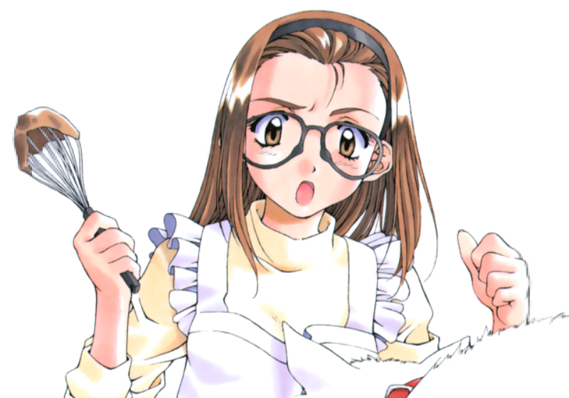 1990s_(style), 1girl, apron, cat, female_focus, glasses, hairband, hosaka_miyuki