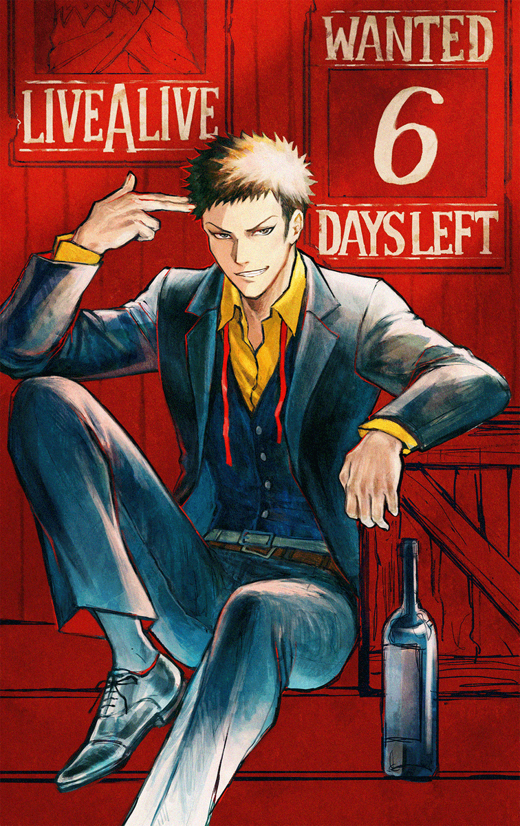1boy, alcohol, blue_jacket, brown_eyes, brown_hair, countdown, cowboy, cowboy_western