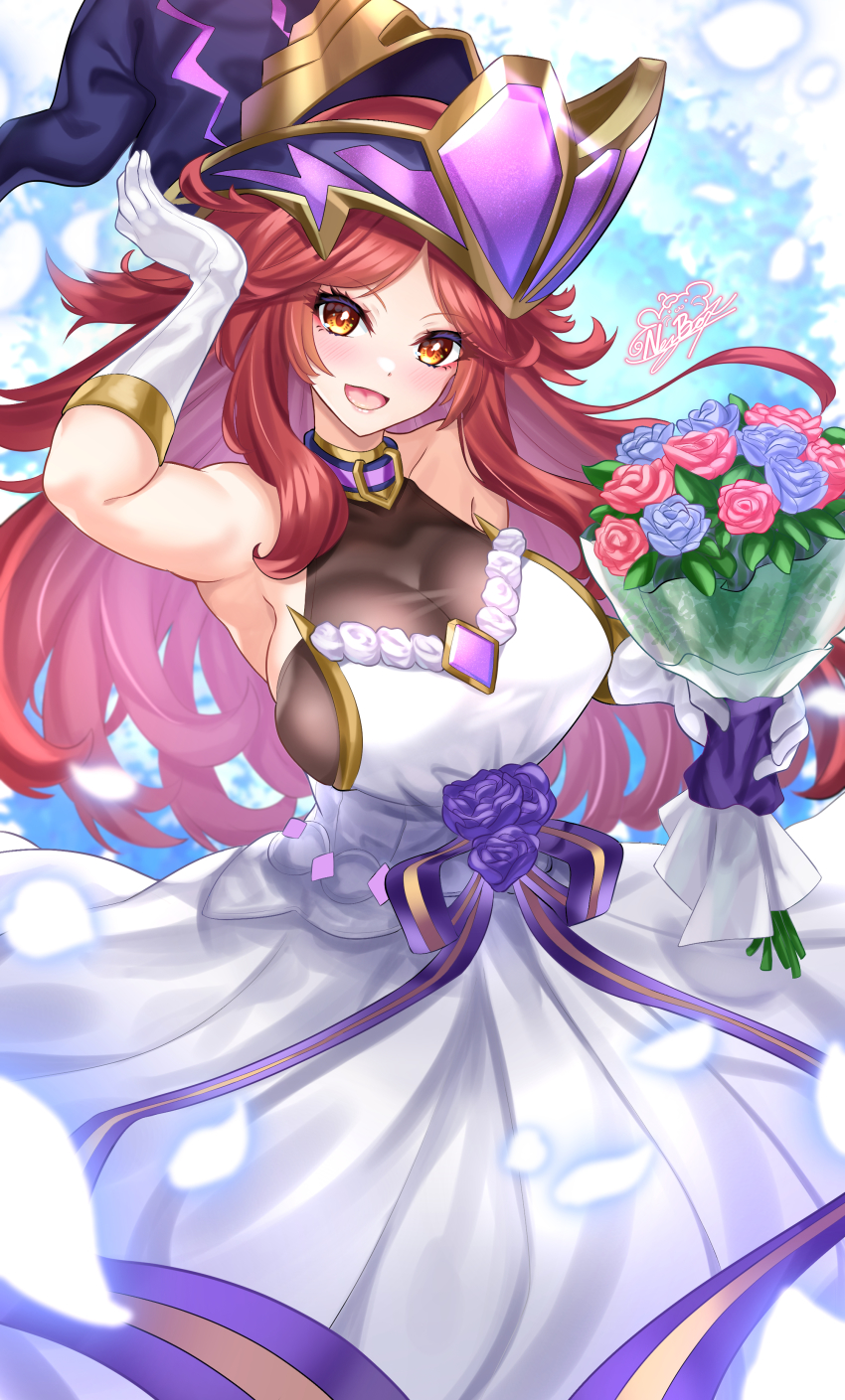 1girl, absurdres, adjusting_clothes, adjusting_headwear, alternate_costume, blue_flower, blue_rose, bouquet, breasts, cleavage, collar, commission, dress, duel_monster, flower, gloves, hat, highres, holding, holding_bouquet, large_breasts, long_hair, looking_at_viewer, nez-box, red_hair, rose, signature, skindentation, smile, solo, summon_sorceress, very_long_hair, white_dress, white_gloves, witch_hat, yellow_eyes, yu-gi-oh!