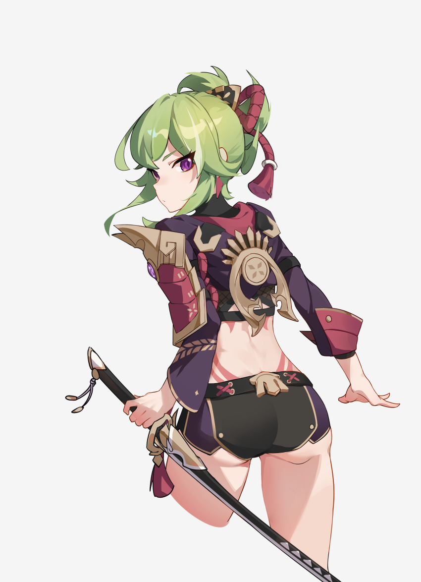1girl, absurdres, amenoma_kageuchi_(genshin_impact), armor, ass, back, body_markings, chinese_commentary, closed_mouth, cropped_jacket, cropped_legs, from_behind, genshin_impact, gold_trim, green_hair, hair_ornament, highres, holding, holding_sword, holding_weapon, jacket, katana, kuki_shinobu, looking_at_viewer, looking_back, midriff, no_mask, ponytail, purple_eyes, purple_jacket, qtan_(cooldiao), reverse_grip, rope, shimenawa, short_ponytail, short_shorts, shorts, shoulder_armor, sidelocks, simple_background, solo, sword, tassel, thighs, vision_(genshin_impact), wavy_hair, weapon, white_background