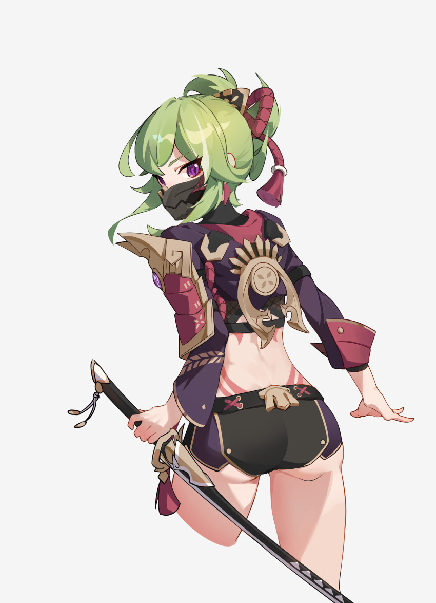 1girl, absurdres, amenoma_kageuchi_(genshin_impact), armor, ass, back, body_markings, chinese_commentary