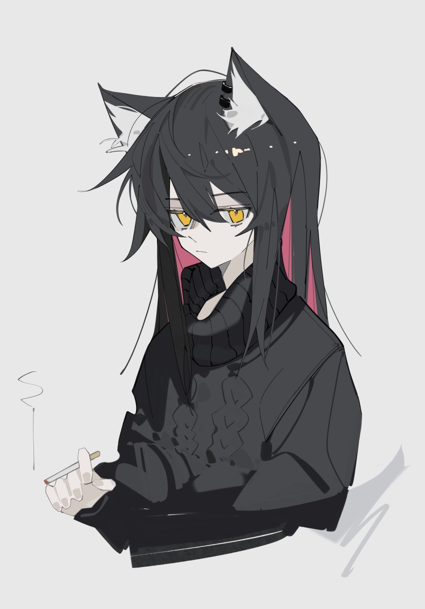 1girl, absurdres, alternate_costume, animal_ears, arknights, black_hair, black_sweater, cigarette, colored_inner_hair, ear_piercing, hair_between_eyes, highres, holding, holding_cigarette, lihuashuangxiang, long_hair, long_sleeves, looking_at_viewer, multicolored_hair, piercing, red_hair, simple_background, solo, sweater, texas_(arknights), turtleneck, turtleneck_sweater, two-tone_hair, upper_body, white_background, wolf_ears, wolf_girl, yellow_eyes