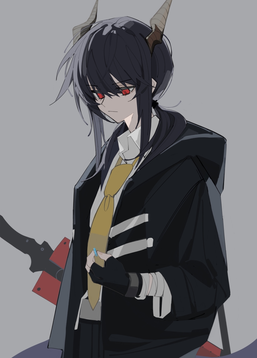 1girl, absurdres, arknights, black_gloves, black_jacket, blue_hair, ch'en_(arknights), collared_shirt